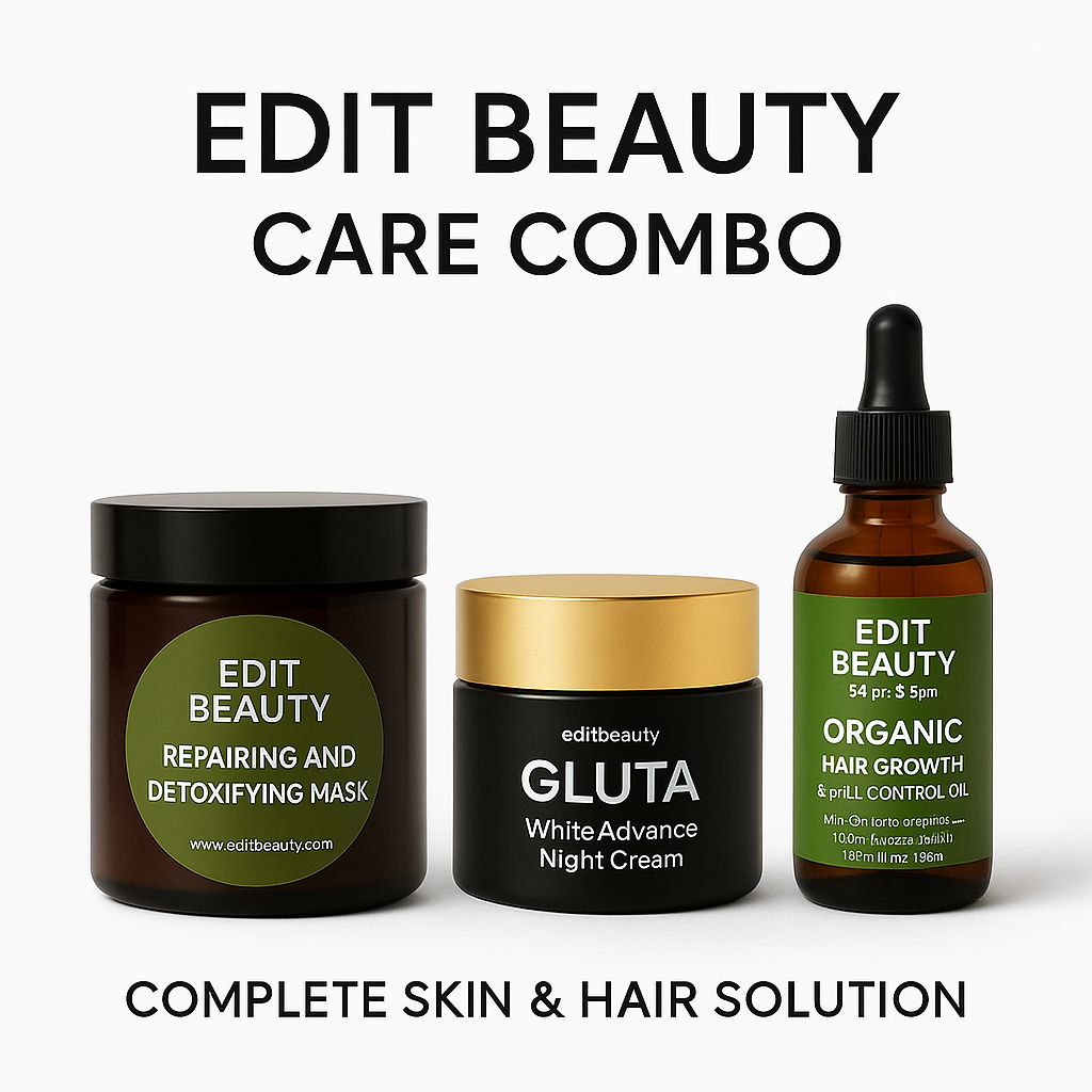Edit Beauty Combo – Hair Growth Elixir Oil + Gluta White Advance Night Cream + Moroccan Face Mask | Complete Repair & Glow Kit