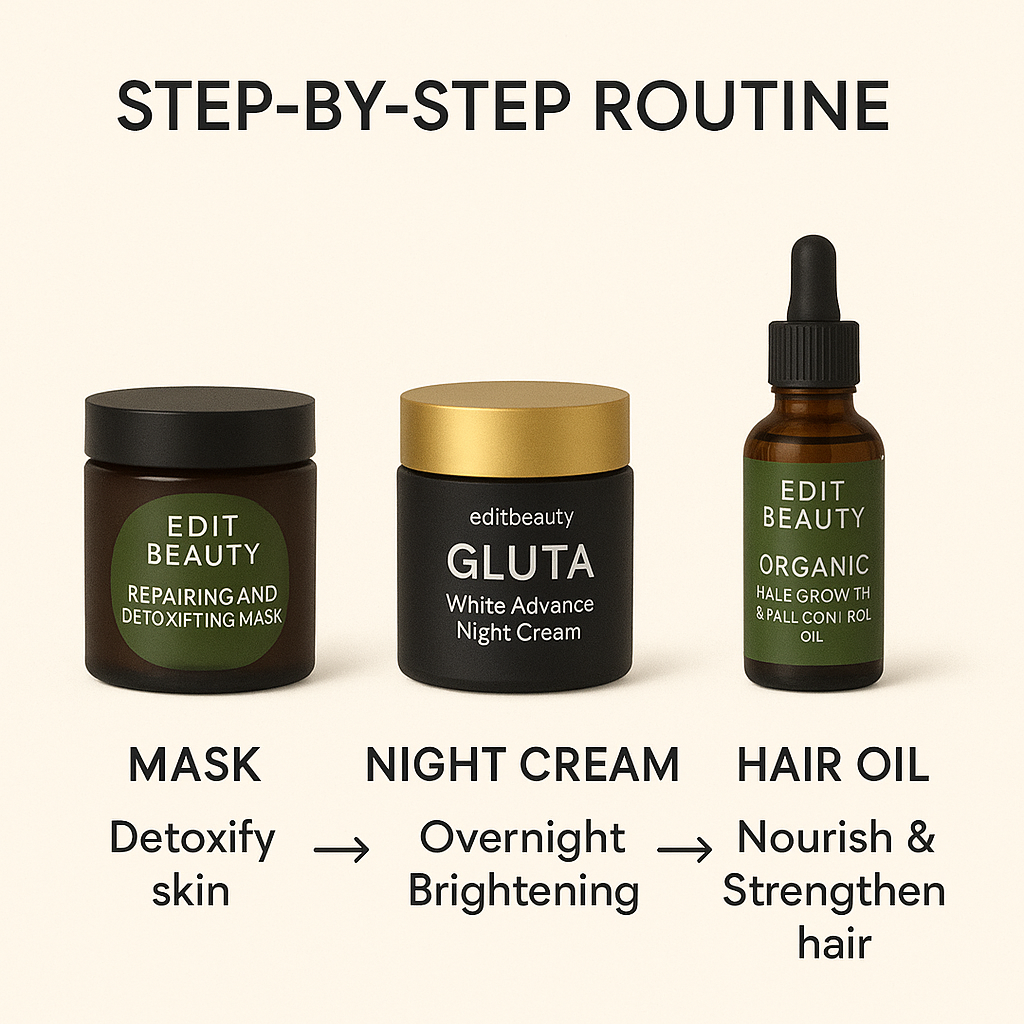 Edit Beauty Combo – Hair Growth Elixir Oil + Gluta White Advance Night Cream + Moroccan Face Mask | Complete Repair & Glow Kit