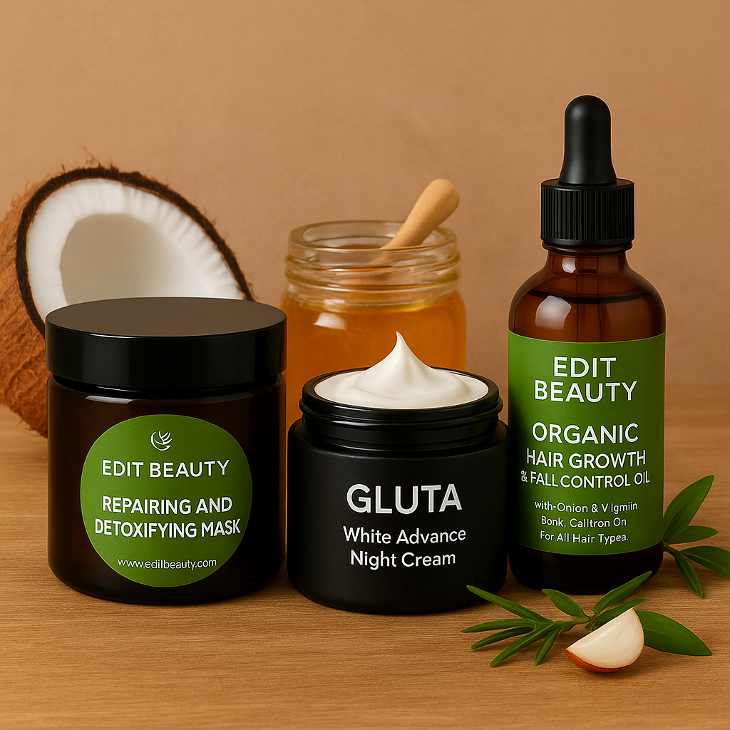 Edit Beauty Combo – Hair Growth Elixir Oil + Gluta White Advance Night Cream + Moroccan Face Mask | Complete Repair & Glow Kit