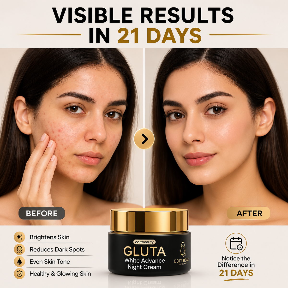 Edit Beauty | GlutaWhite Advance Night Cream – 30g | Hydrating & Whitening Night Cream with Hyaluronic Acid & Niacinamide - Natural Glow In 22 Days