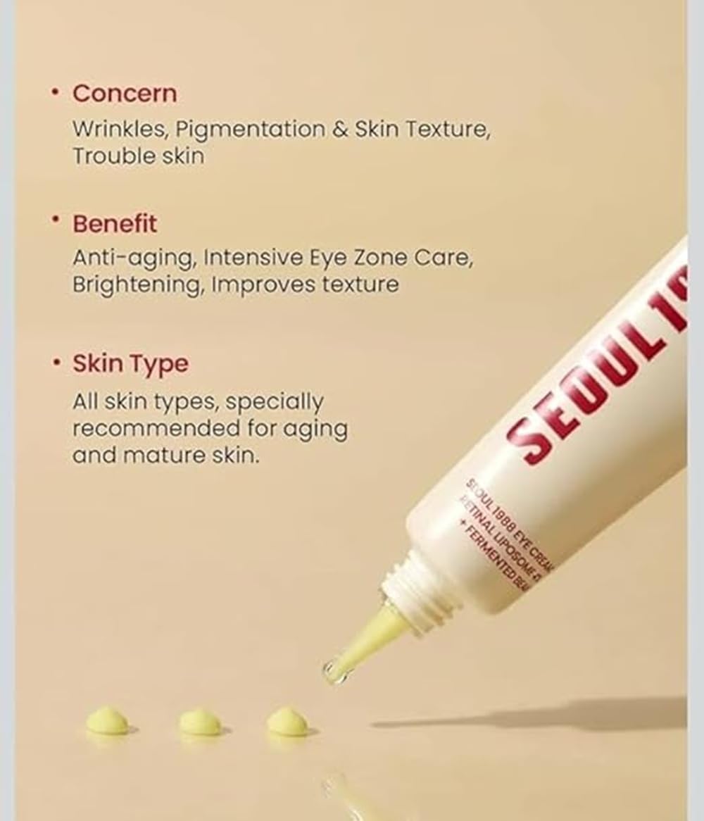 Seoul 1988 Eye Cream with Retinal Liposome 4%, Fermented Bean Complex for Anti-Aging, Wrinkle Care, Skin Elasticity, Brightening, 30ml
