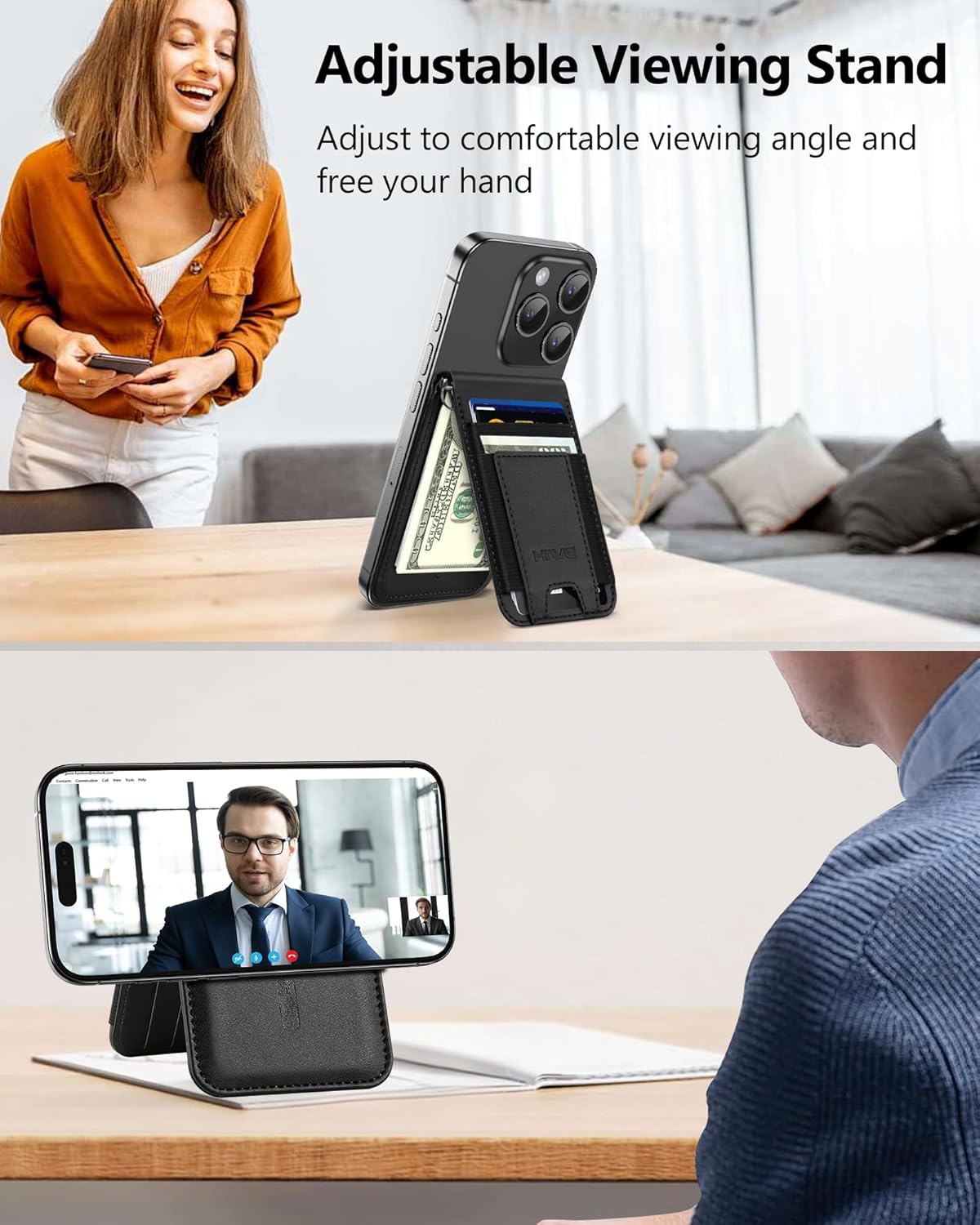 for MagSafe Wallet Stand with Money Clip, Anti-Lost Magnetic Wallet for iPhone 17/16/15/14/13/12 Series, Works with Apple Find My, 8 Cards Holder, Leather RFID for iPhone Wallets, Black