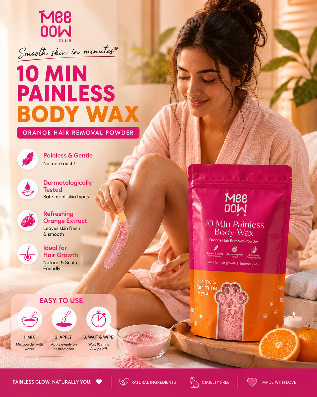 Mee Oow Club 10-Min Painless Body Wax Powder – Orange Hair Removal Formula | Smooth & Silky Skin in Minutes
