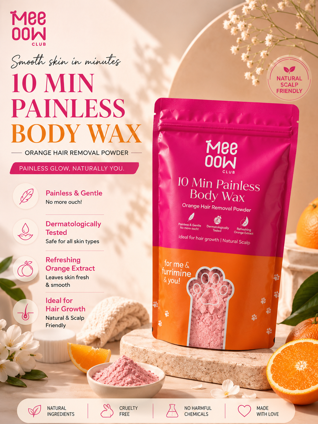 Mee Oow Club 10-Min Painless Body Wax Powder – Orange Hair Removal Formula | Smooth & Silky Skin in Minutes