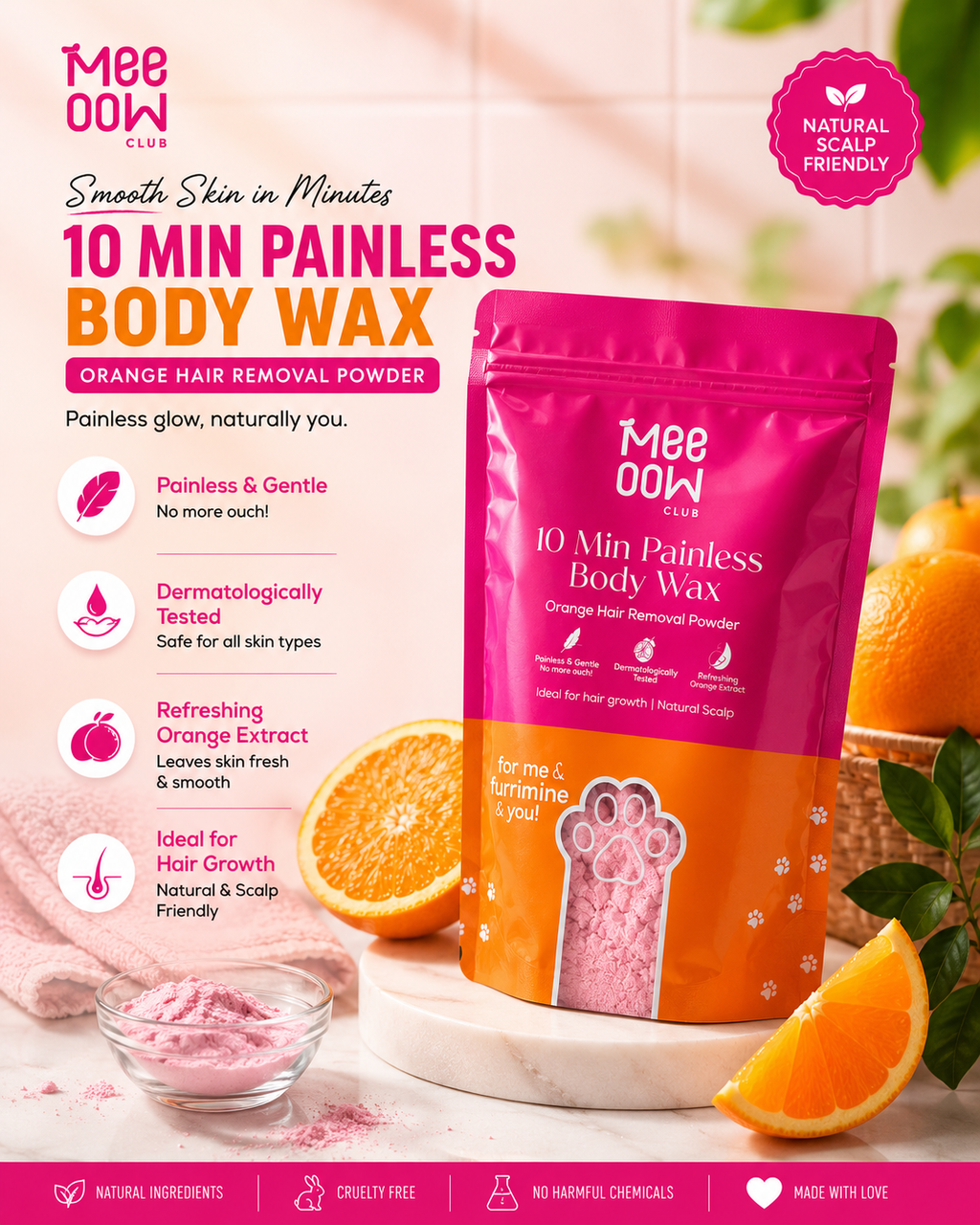 Mee Oow Club 10-Min Painless Body Wax Powder – Orange Hair Removal Formula | Smooth & Silky Skin in Minutes