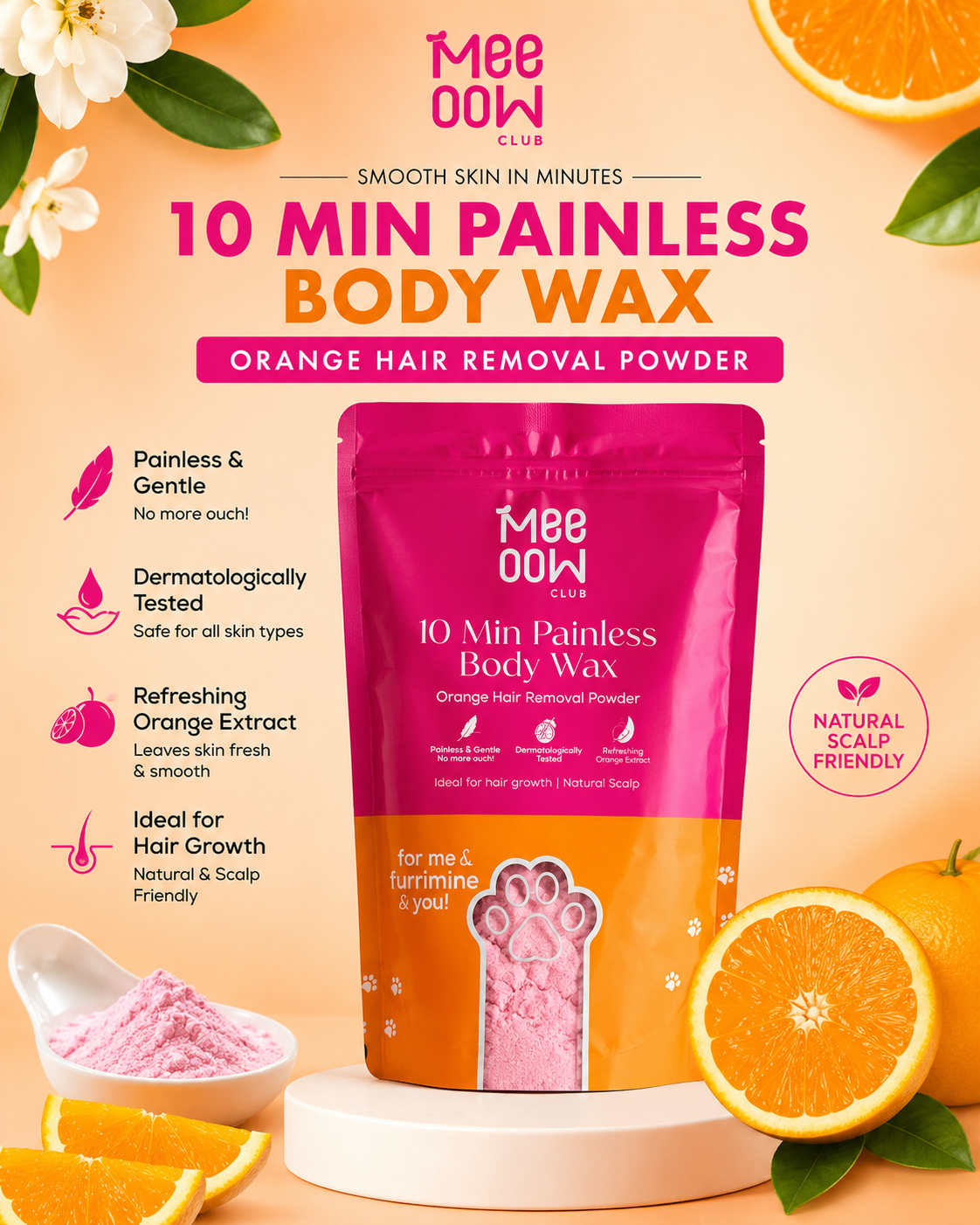 Mee Oow Club 10-Min Painless Body Wax Powder – Orange Hair Removal Formula | Smooth & Silky Skin in Minutes