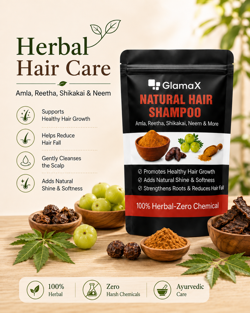GlamaX Natural Hair Shampoo Powder – Herbal Hair Cleanser