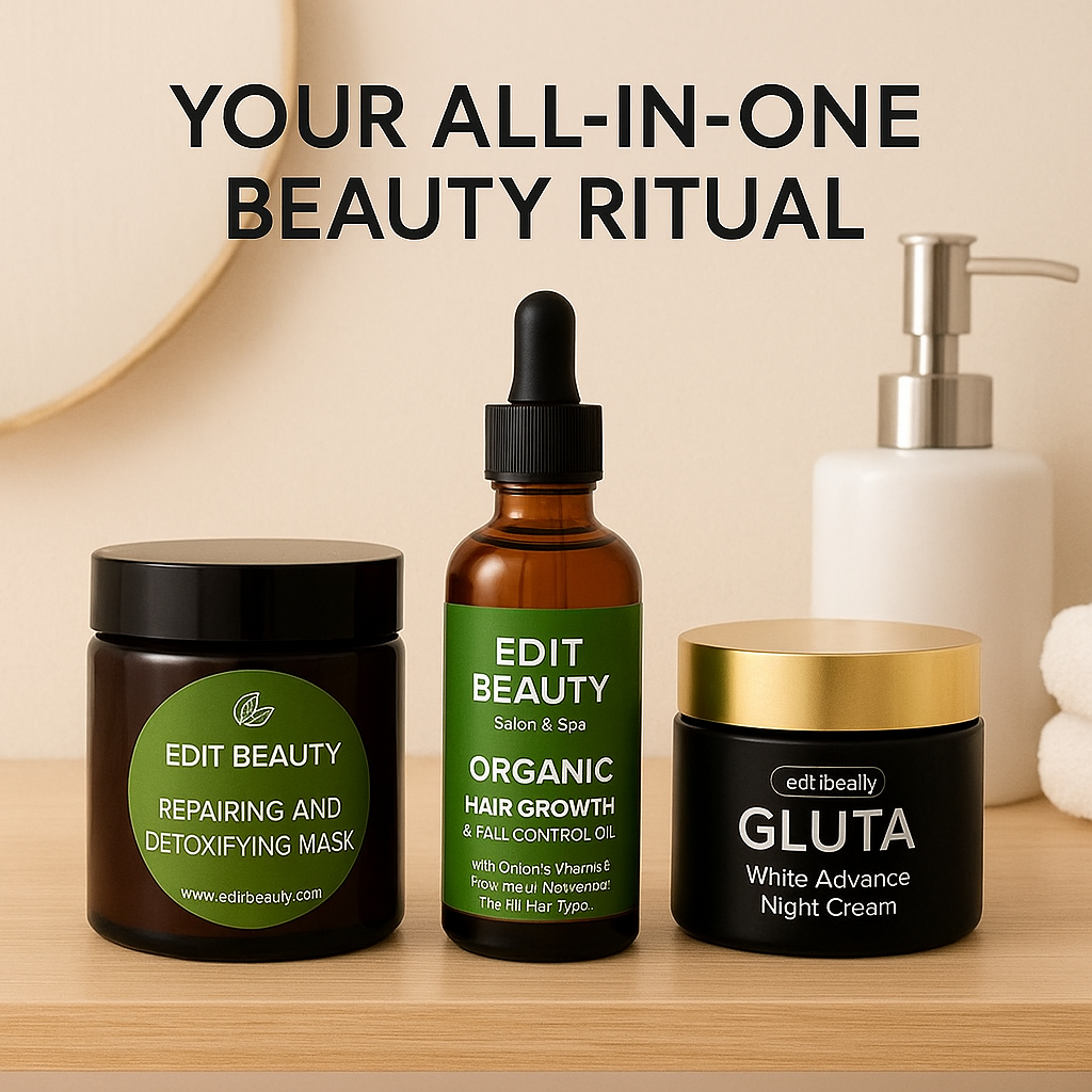 Edit Beauty Combo – Hair Growth Elixir Oil + Gluta White Advance Night Cream + Moroccan Face Mask | Complete Repair & Glow Kit